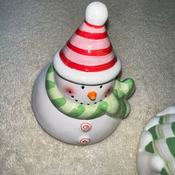 Holiday Christmas Snowman Candy Jar Ceramic Cone Hat 8" - Picture 5 of 7
